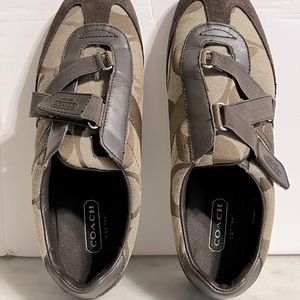 COACH Kyra Sneakers Size 9 Brown Beige Logo Canvas Strap Flats Suede Trim Shoes